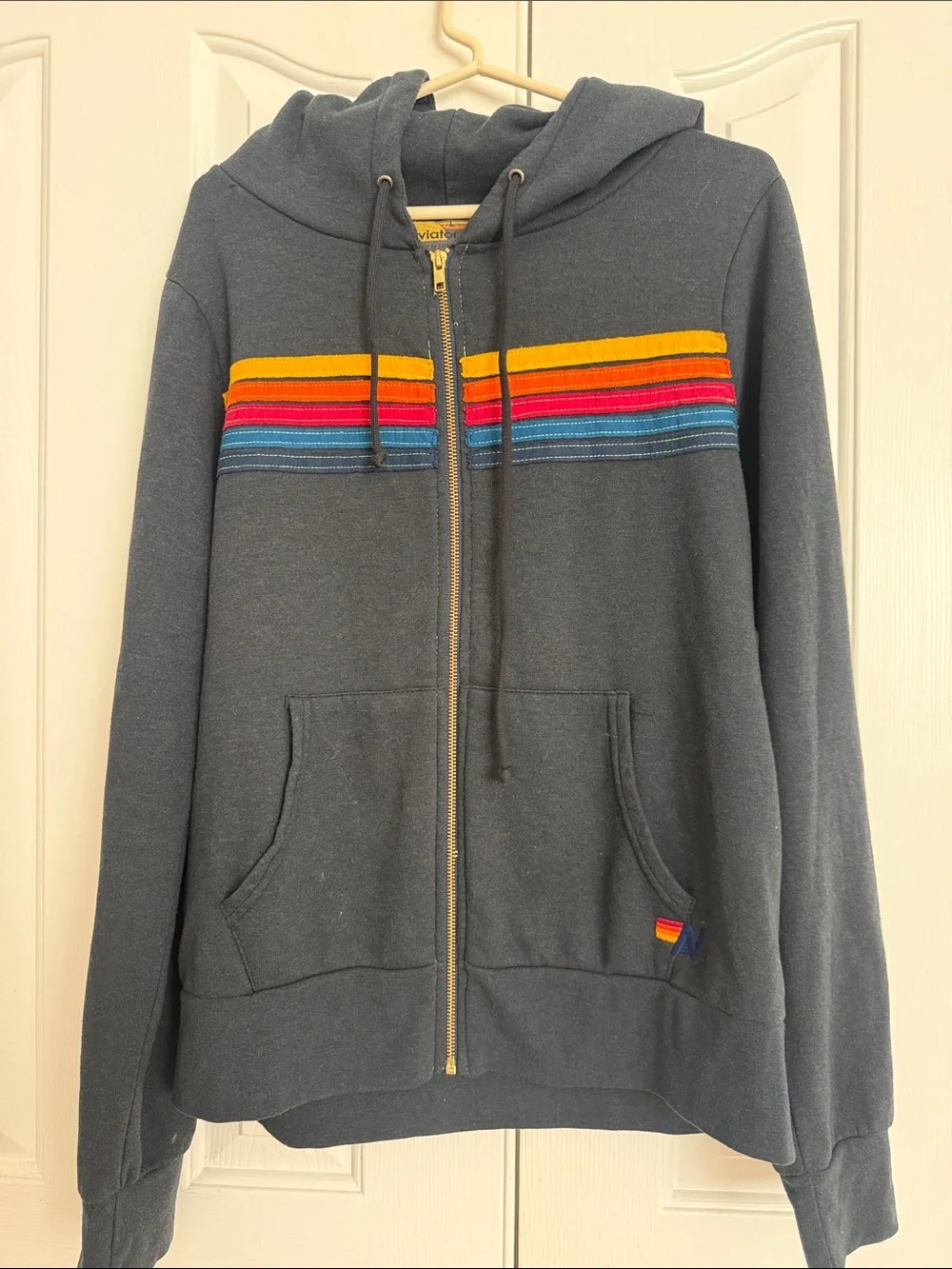 Men’s aviator nation Charcoal Zip Hoodie with Rainbow Chest Stripes